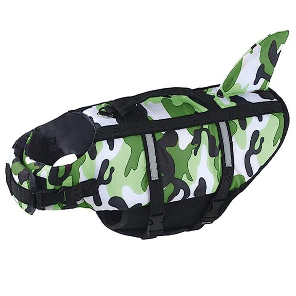 Gilet de sauvetage Camo pour chien avec nageoire de requin, réglable, réfléchissant, pour animal de compagnie, avec poignée de sauvetage, gilet de sauvetage pour la nage du chien