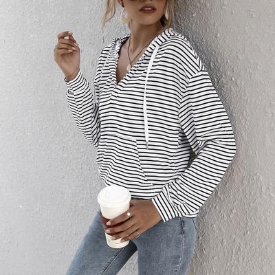 Women's Fashion Loose Striped Hooded Sweater with Drawstring and Pockets