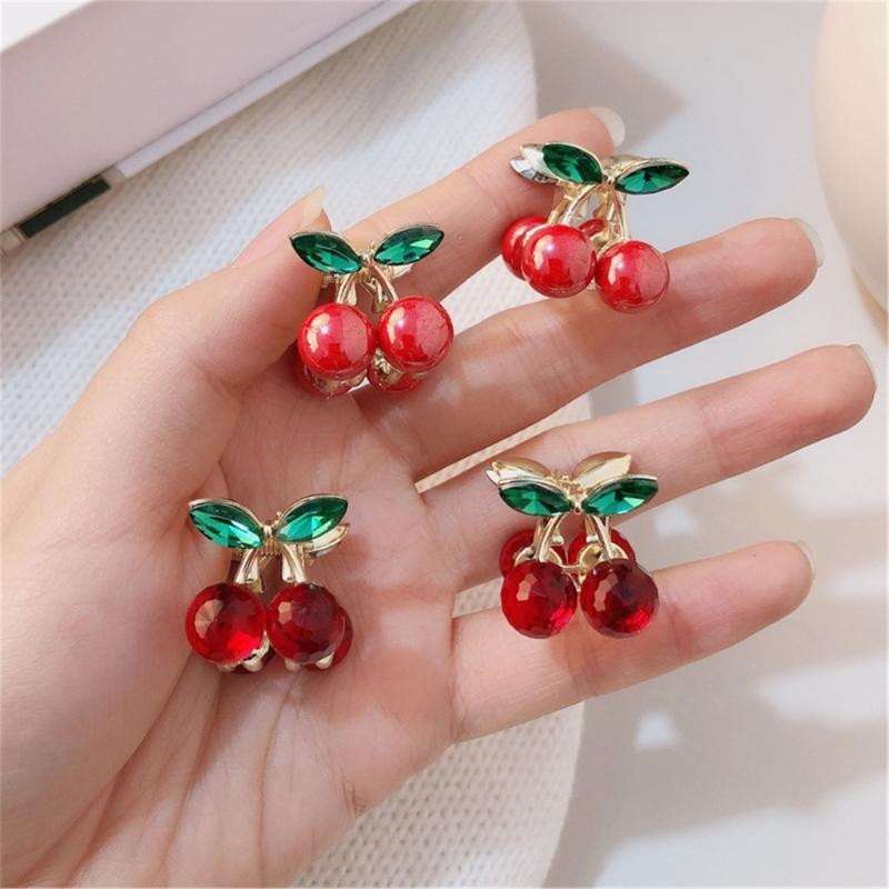 Pack of 2 Small Cherry Rhinestones Hair Claw Clip Elegant Metal Grip Side Claw Clip for Women and Kids Everyday Wear