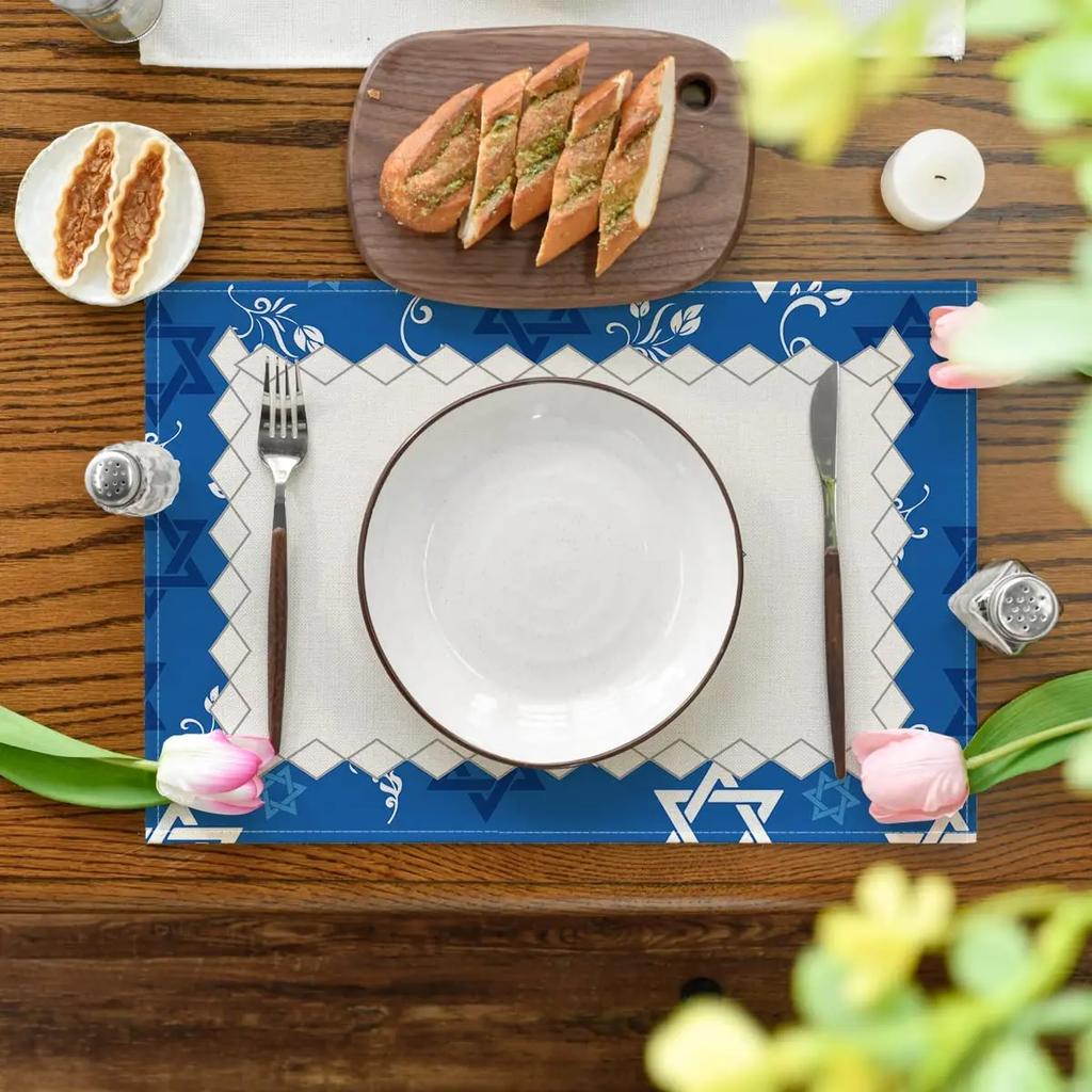 4PCs Jewish Style Linen Placemats for Dining Table Kitchen Accessories Rustic Vintage Washable Table Mats Party Decorations
