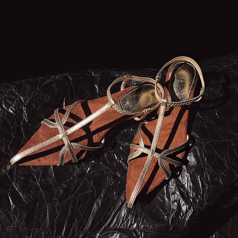 

Французские сандалии-босоножки с ремешком с открытым носком женские 2025 новая летняя заостренная темпераментная тонкая обувь на каблуке-рюмочке 39 золотой