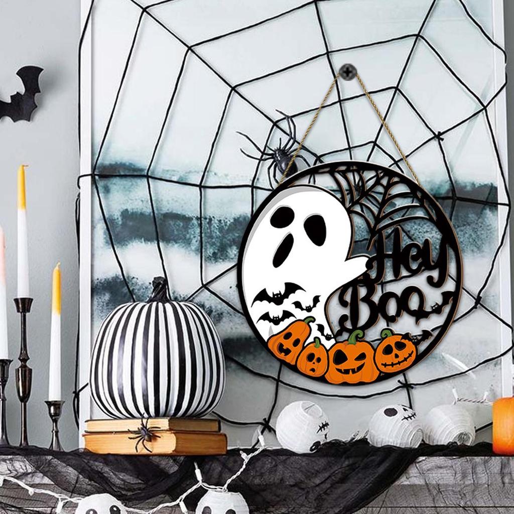 Welcome Door Sign Scary Halloween Door Hangings Wooden Sign Spider Web Round Halloween Wreath Decorations for Home Yard