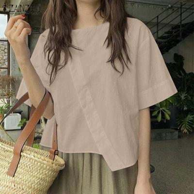 Women Summer Round Neck Short Sleeve Irregular Hem Loose Blouses