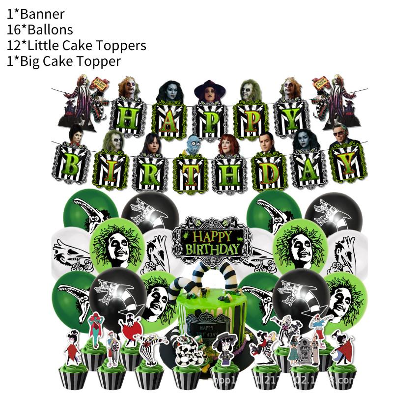 Set di Striscione Vibrante per Festa di Compleanno di Beetlejuice Con Palloncini Colorati e Pali Decorativi