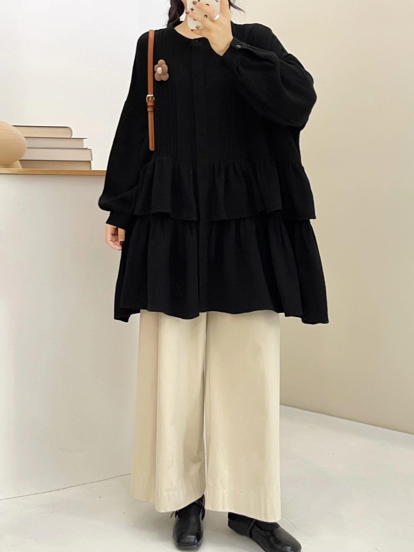 

Johnature Японский лес Лоскутная Оборки Хлопковая Рубашка Женская Весна Осень Свободные Длинные Топы Женские One Size бежевый