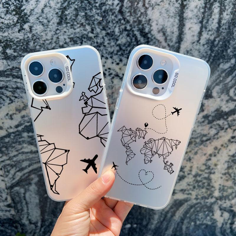 Popular World Map Travel Airplane Phone Case For Iphone 11 12 Pro Max 13 Mini 15 13 14 Pro Max Plus Back Shockproof Laser Covers