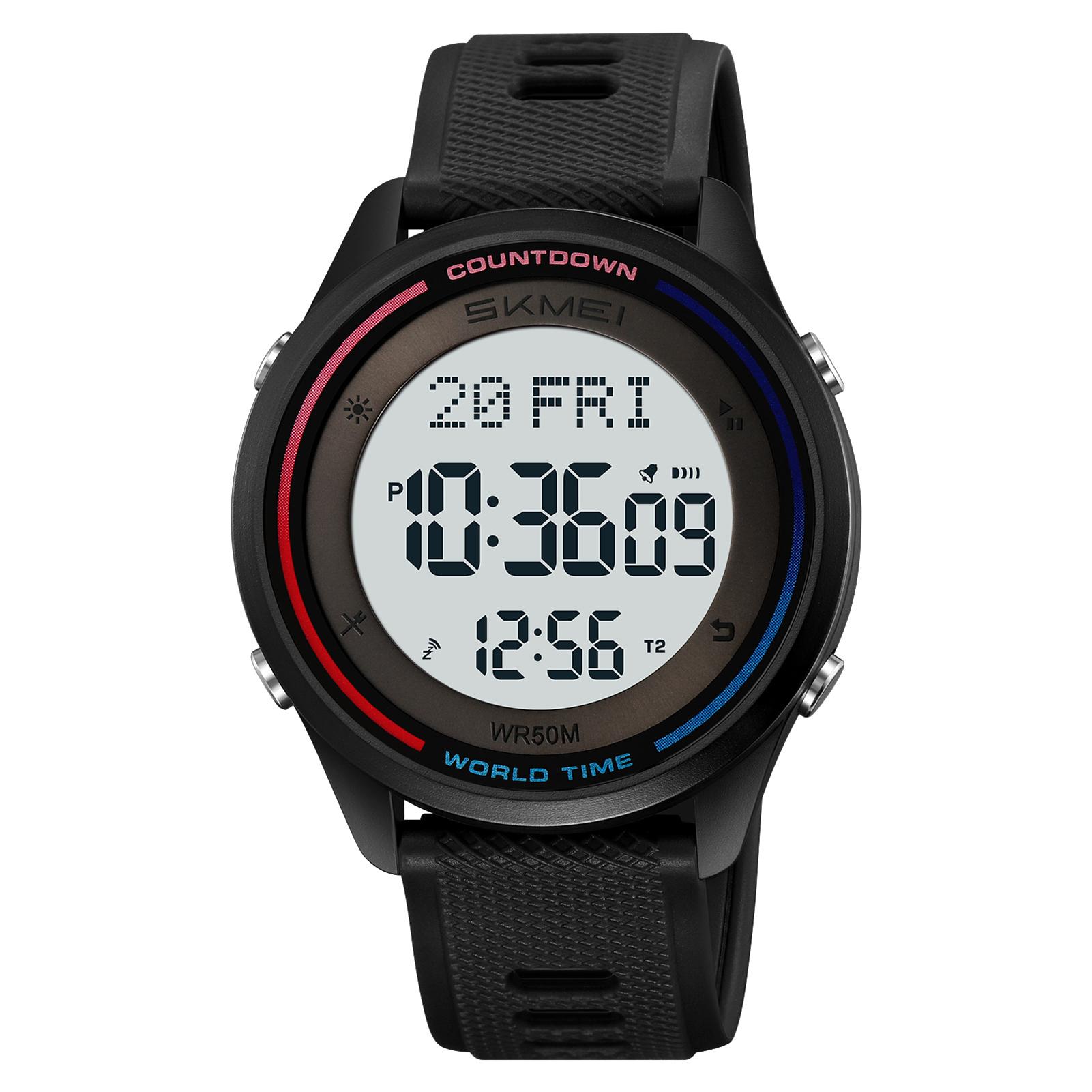 

Цифровые часы SKMEI 2348 для мужчин и женщин с подсветкой, водонепроницаемость 50 м, мировое время, ежедневный будильник чёрный/белый
