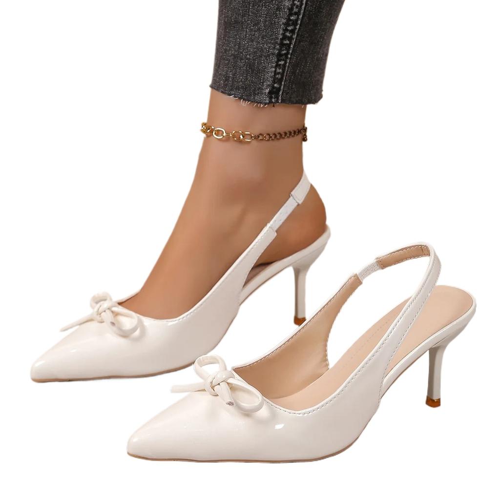 Large Size Wine Red Pointed Toe High Heels Summer New One Strap Butterfly Knot Thin Heel Empty Back Sandals PU Leather Rubber So