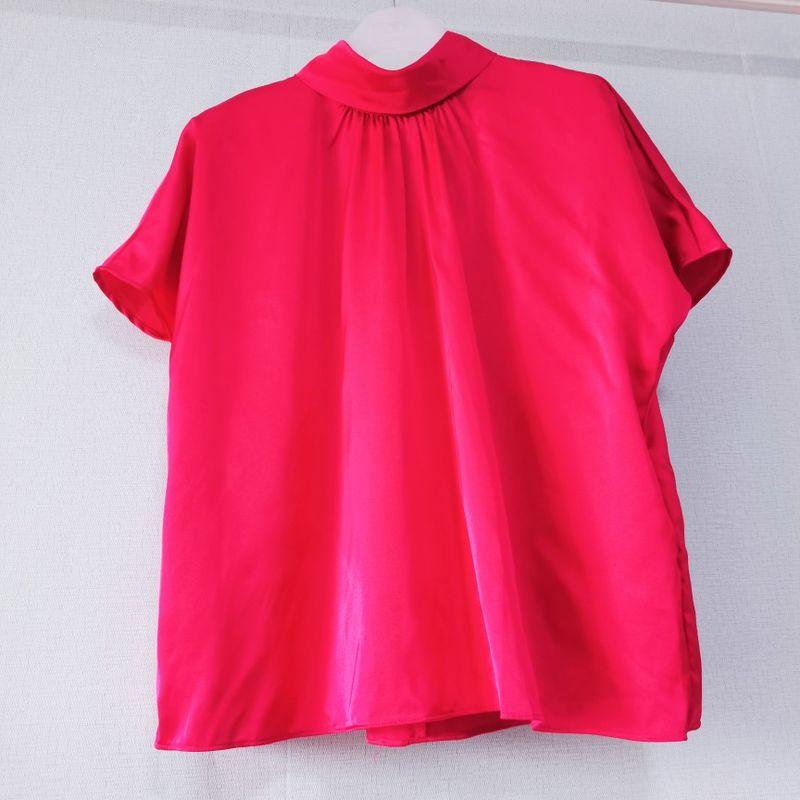 

Original Single Cut Mark Stand Collar Ribbon Short Sleeve Shirt Women s Acetate Silks and Satins Bottoming Shirt Accessible Luxury Fashion All-Match Rose Red L