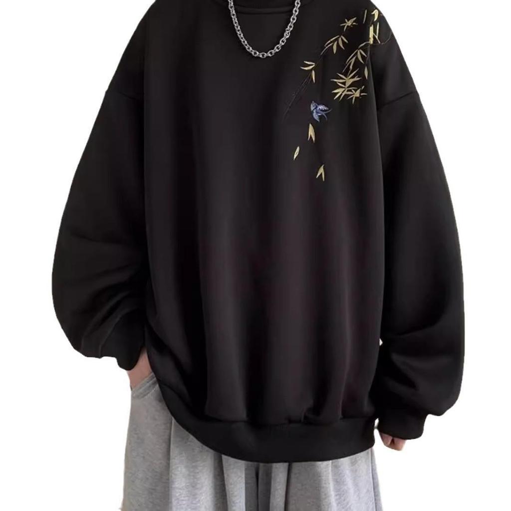 Chinese Bird Print Men Oversized Sweatshirt Fashion Loose Long Sleeve Couple Clothes