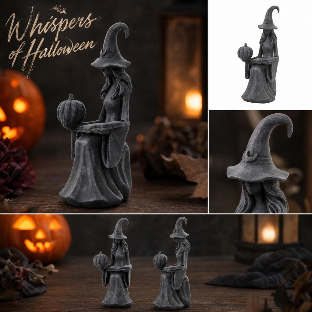 Halloween Tabletop Decoration - Black Witch Holding Book and Pumpkin Figurine for Holiday Decor