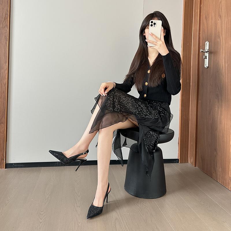 Fashion Sequin Sequin Strap Wrapped Toe Sandals Autumn New Pointed Toe Shallow Mouth Metal Buckle Non-slip Stiletto Heels