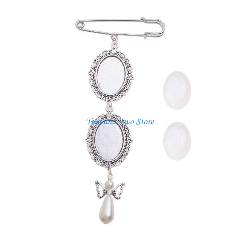 HX6F Family Photo Holder Brooch Pendant Oval Double Cascading Bouquet Charm Pin Wedding Boutonniere for Mother of Bride