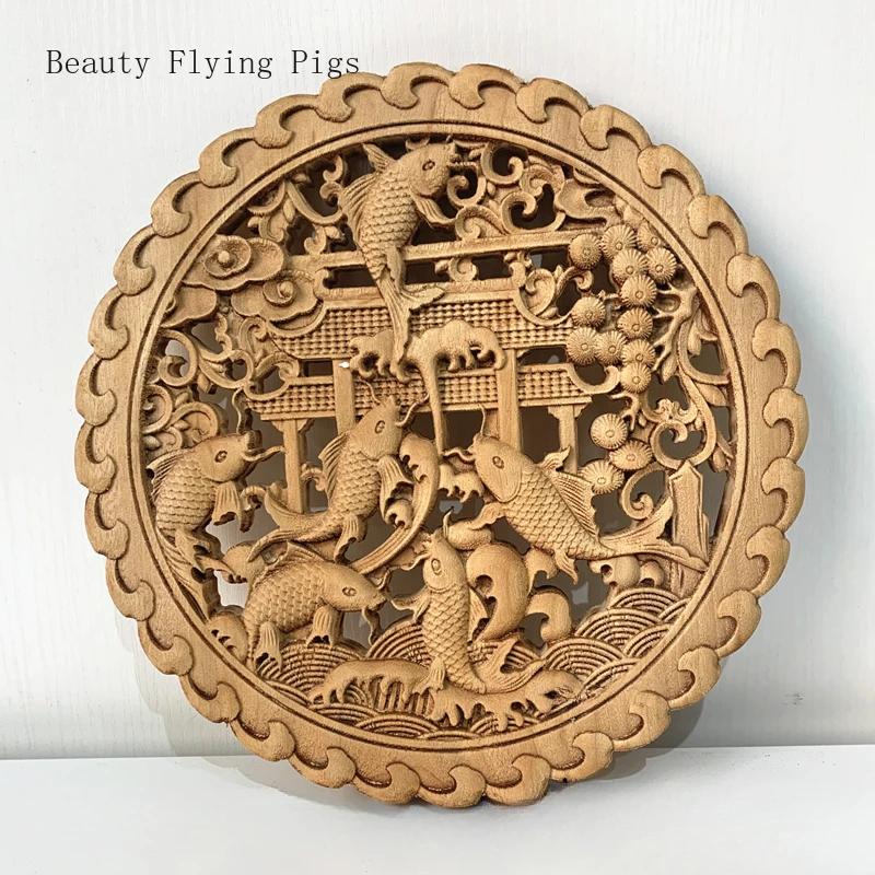 Diameter 27cm/10.8" Chinese style camphor wood carving circular decoration living room entrance background wall pendant