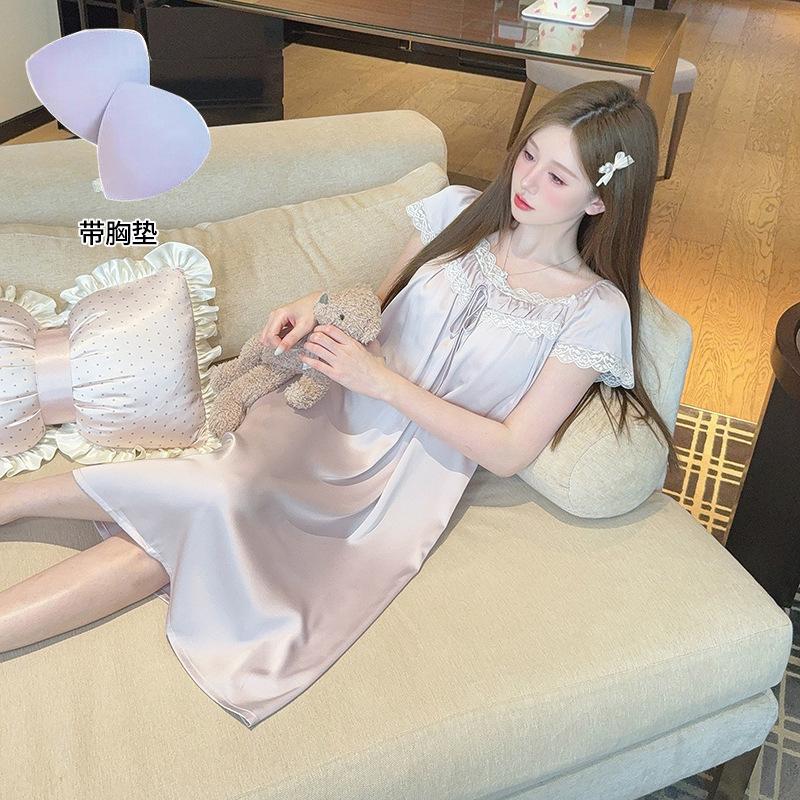 New summer women's short-sleeve nightdress, water clouds and ice snow silk nightgown, fresh and cool, comfortable home lace pajamas
