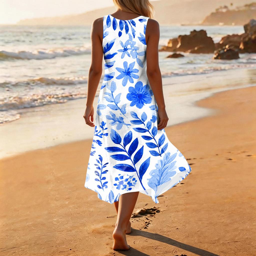 Women Sleeveless Casual Floral Print Dress Round Neck Irregular Hem Mid Length Summer Dress Lightweight Comfortable