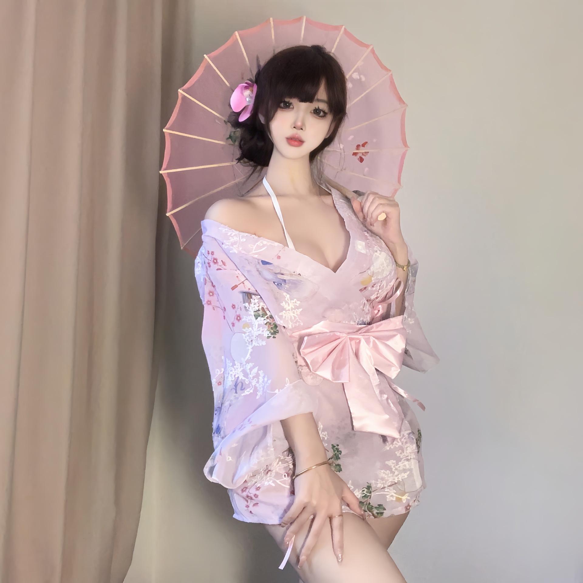 

Pure desire kimono COS sweet bow sexy print embroidered kimono bathrobe chiffon lingerie One size fits all [suitable for sizes 80-140]