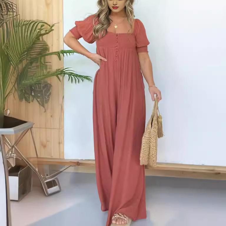 

Women s Square Neck Short Sleeve Flowy Maxi Dress, Casual Elegant Wide Leg Long Dress, Green Blue Pink Solid Color Summer Dress S оранжевый