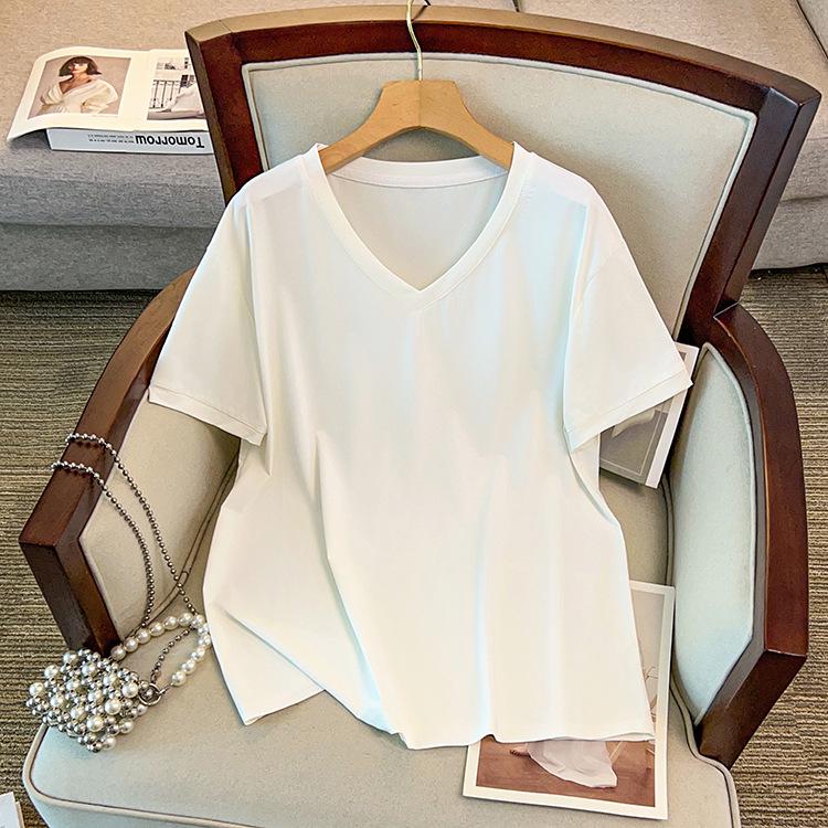 Versatile Slimming V-Neck Quick-Dry Plus Size Women's Top - Summer Short Sleeve, Solid Color, 300 Jin Capacity