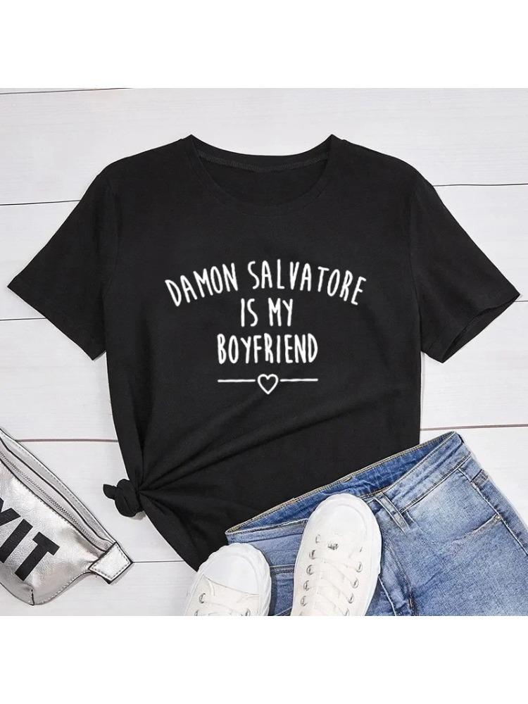 Damon Salvatore Is My Boyfriend Fun Printed Tshirt Short Sleeve Round Neck Fashionable Casual Womens Tshirt S