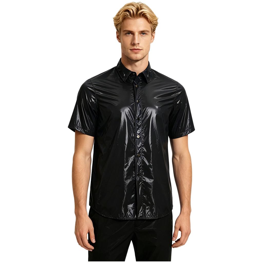Men Waterproof Shirt Top Short Sleeve Front Button Lapel Wet Look T-shirt Clubwear Beachwear