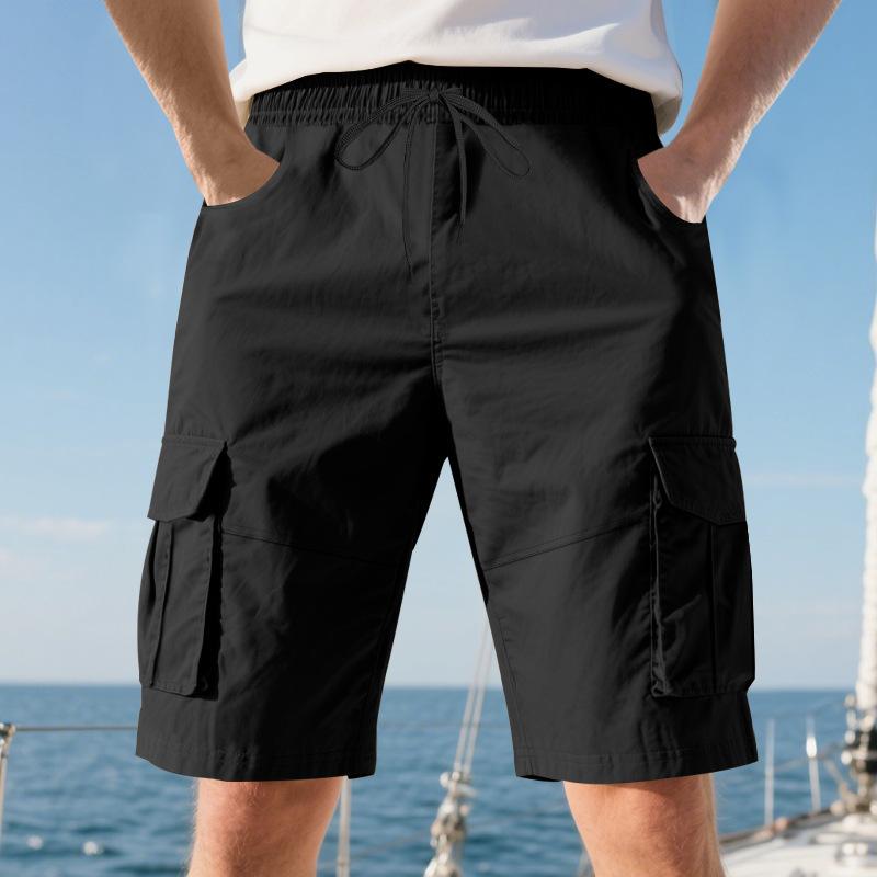 Summer Loose Men's Safari Style Shorts Multi Pockets Casual Loose Fit Straight Elastic Waist Beach Shorts