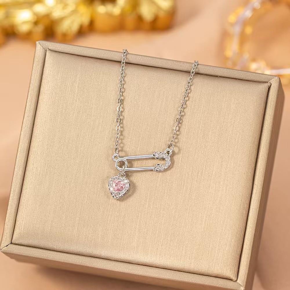 Heart Design Titanium Steel Necklace for Women - Elegant Korean Style with Full Diamond Accents