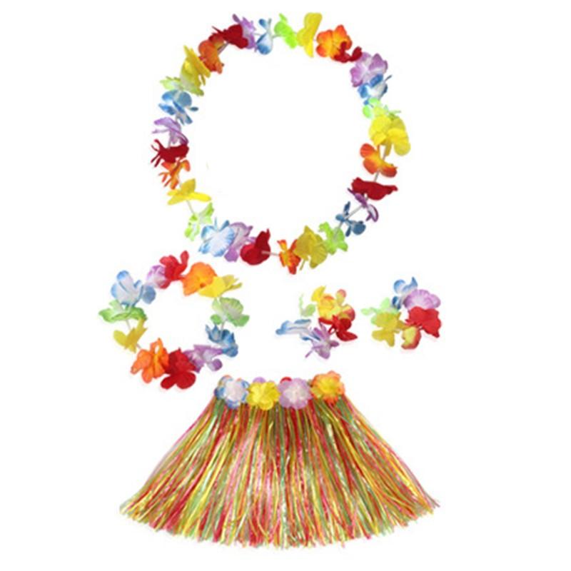 Kids Hawaiian Grass Lei Skirt Flower Wristband Garland Fancy-Costume Suit New