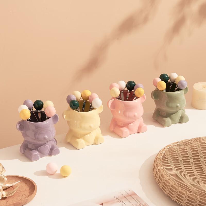 Ceramic Bear Fruit Fork Set with Storage Jar