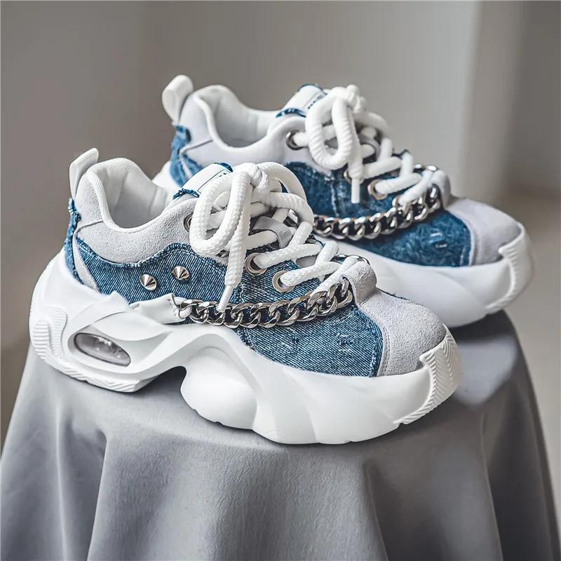 Outdoor Sports Style Men Platform Casual Tennis Sneakers Fashion Metal Chain Decoration Comfortable Lace Up Male Running Shoes