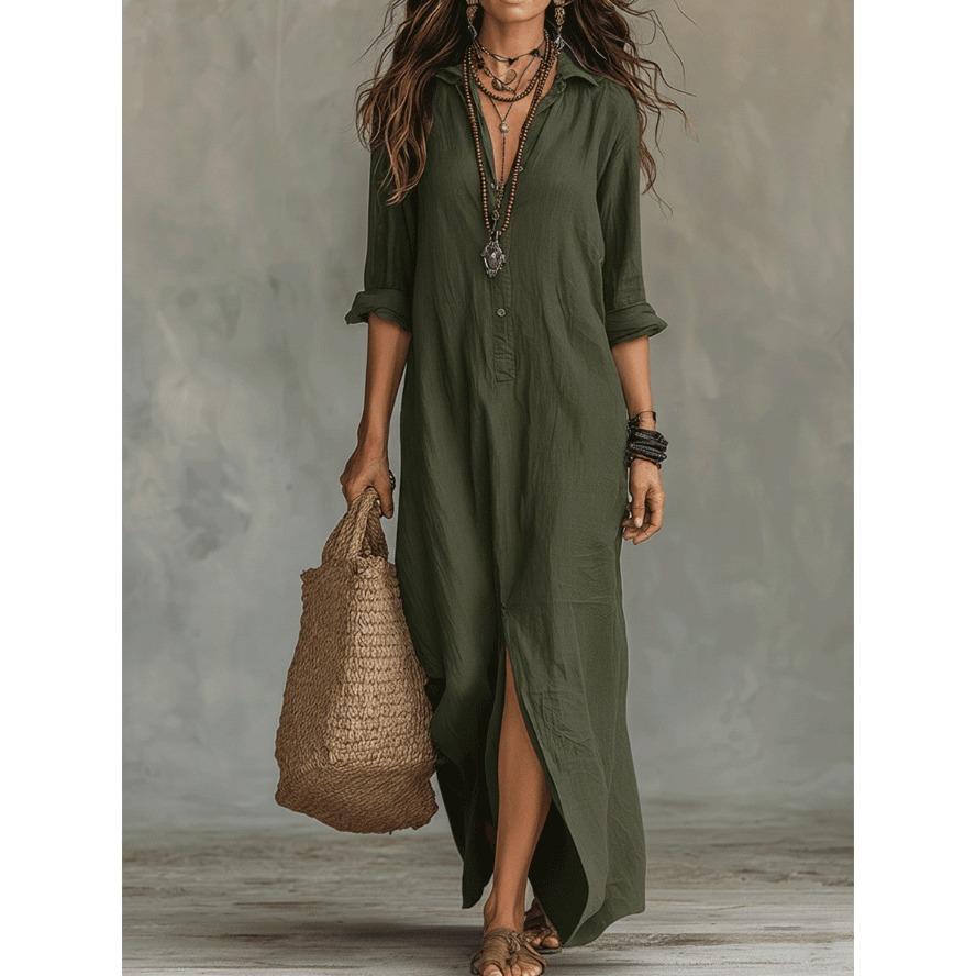 VEZFAA Vestidos casuales de cintura holgada con cuello tipo polo y manga larga con estampado de colores sólidos a la moda para mujer para primavera y otoño