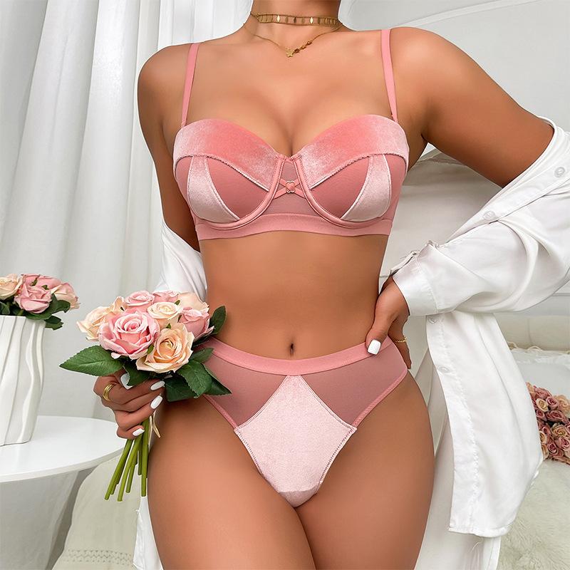 

Женский комплект нижнего белья во французском стиле со съемными бретелями, комплект нижнего белья в стиле пэчворк с половиной чашки, мягкий комплект бюстгальтера и трусиков на косточках 75B розовый