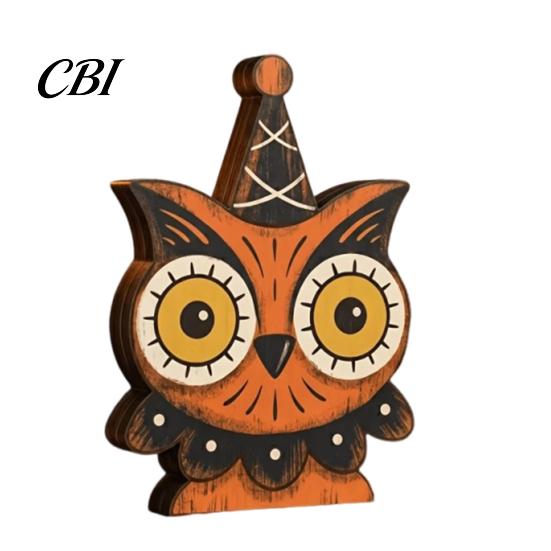 Durable Wooden Party Ornaments Halloween Vintage Ornaments, Cute Bat/Black Cat/Owl/Pumpkin/Ghost/Skull Decorations, Retro Indoor Room Decor Distressed