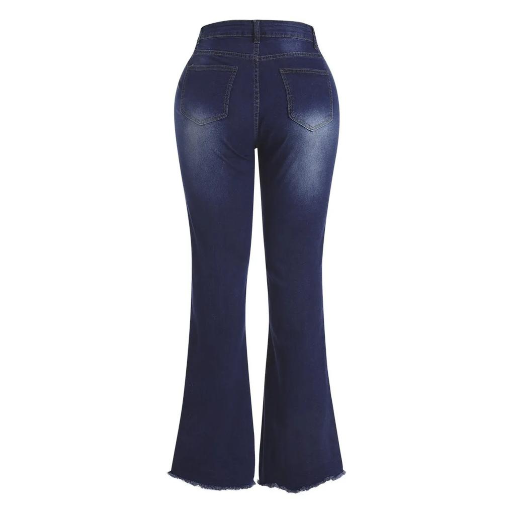 Plus Size High Stretchy Ripped Flared Jeans Zipper Fly Floor Length Casual Solid Color Daily Fashion Street Pants