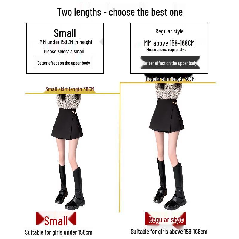 Petite Women's High-Waisted A-Line Black Culottes - Autumn Two-Piece Bootcut Shorts Suit