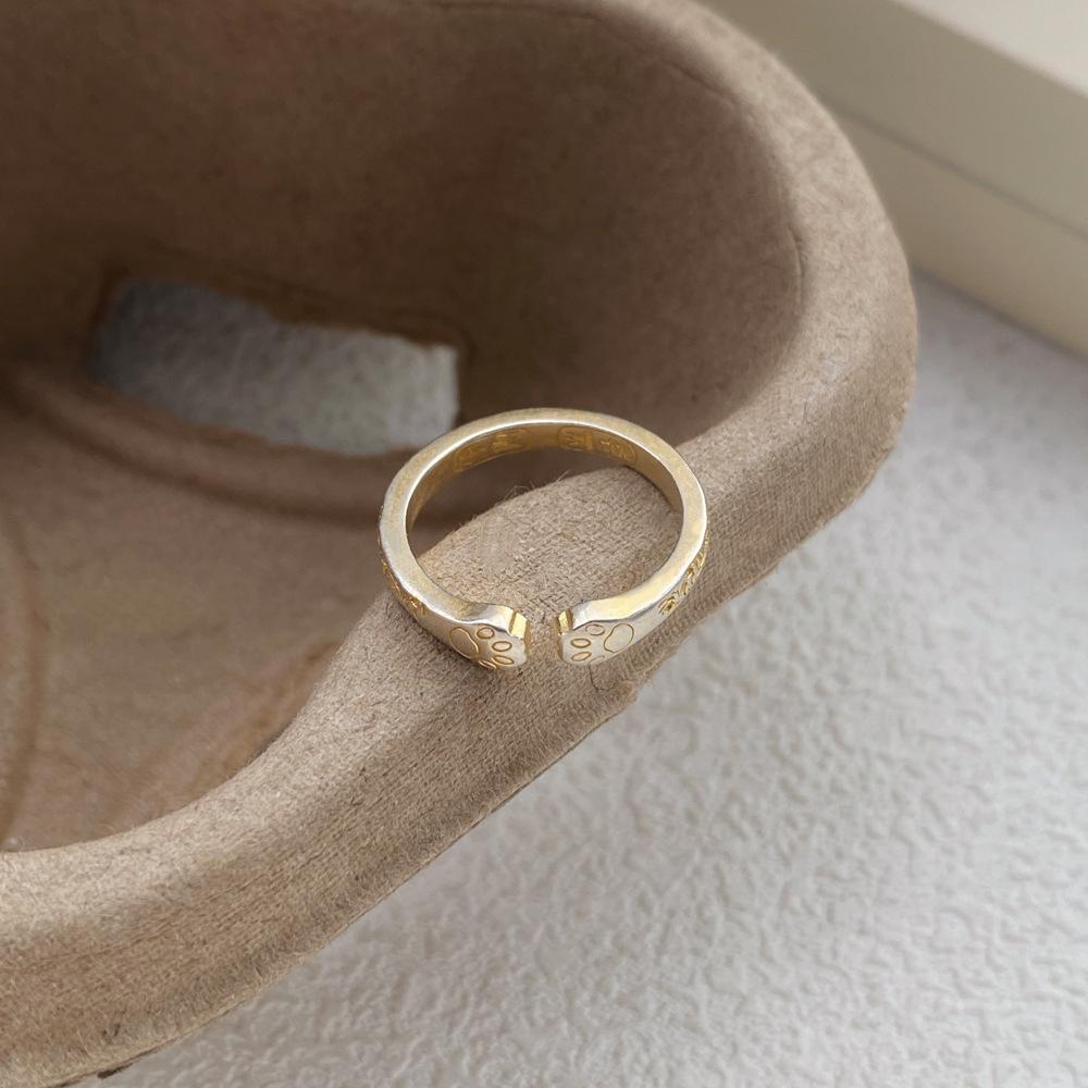 S999 Sterling Silver Gold-Painted Lucky Cat Paw Ring: Cute & Exquisite Design, Light Luxury Open Ring for Women