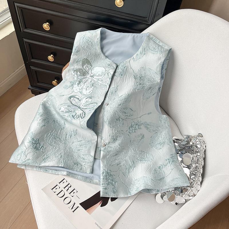 

2025 новый универсальный модный топ-жилет с жаккардовой вышивкой и воротником-стойкой, украшенный высококачественным бисером 3XL (recommended 138-75kg) синий