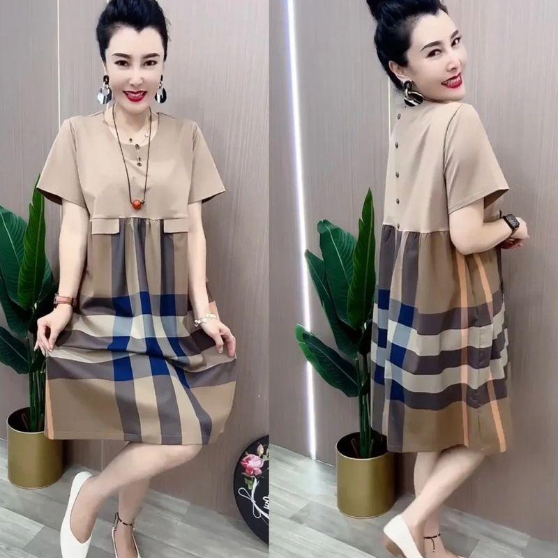 

Plaid Stitching K-style Dress 2024 Summer New Arrival Loose Slim Fit Slimming Fashion All-Matching Elegant Women s Western Style Picture Color M