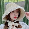 Straw Hat Female Summer Lace Tie Beach Hat, Small Fresh Seaside Outing Vacation Sunscreen Sun Hat