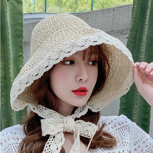 Straw Hat Female Summer Lace Tie Beach Hat, Small Fresh Seaside Outing Vacation Sunscreen Sun Hat