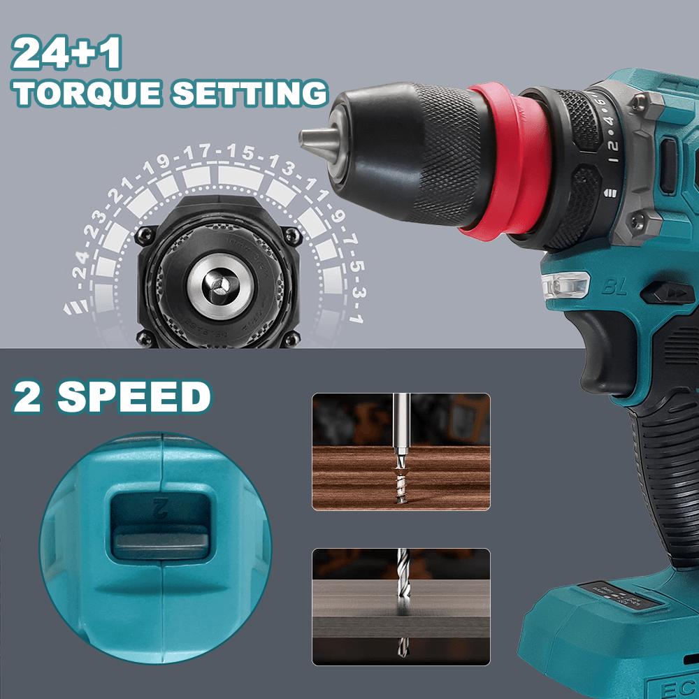 PATUOPRO 2 In 1 Cordless Electric Drill 10MM Chuck Brushless Screwdriver Rechargeable Driver Power Tool For Makita 18V Battery