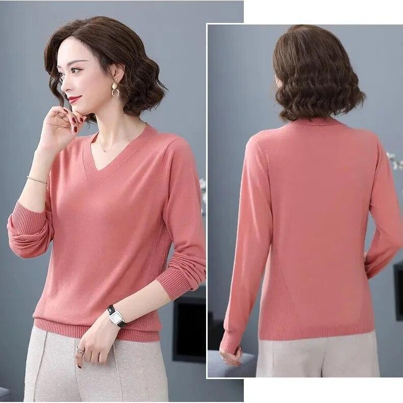 V-neck Knitted Top Women's Autumn Winter Fashion New Long Sleeve Knittwear Loose Solid Color Bottoming Sweater S-4XL