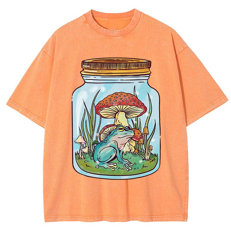 Cute Frog With Mushrooms In Mason Jar Print Women Washed T Shirts Summer Cotton T-Shirt Loose Streetwear Soft Clothes