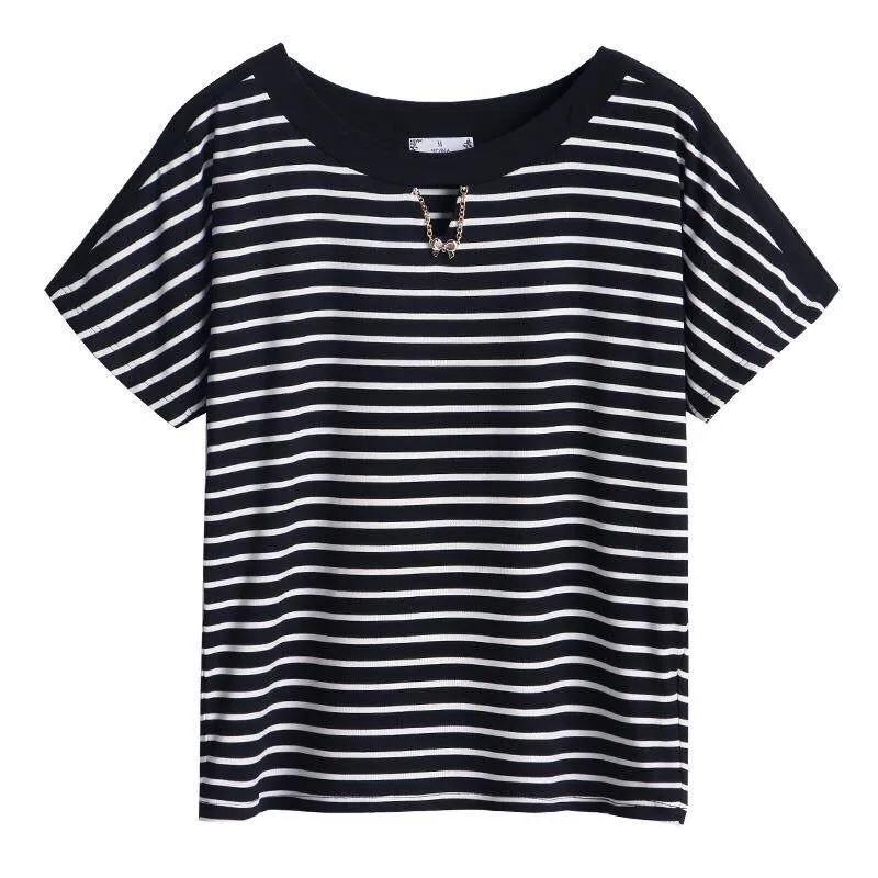 T-shirt for Women Summer Large Size Cotton T-shirt Soft Loose Striped Casual Comfortable Pullover T-shirt Top