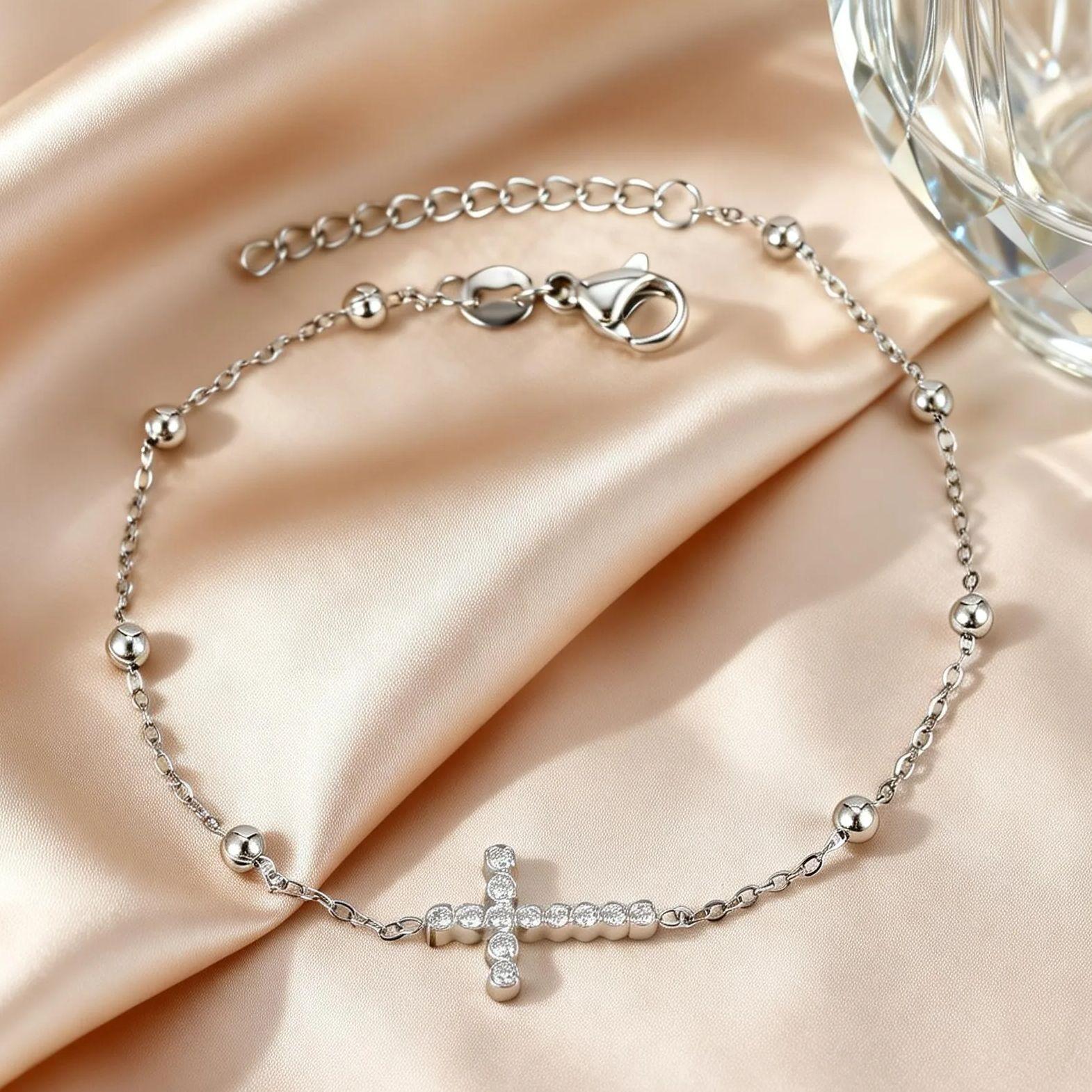 Dainty Cubic Zirconia Cross Bracelet Stainless Steel Thin Link Beads Chain 18K Gold Plated Bracelets for Women Luxury Jewelry