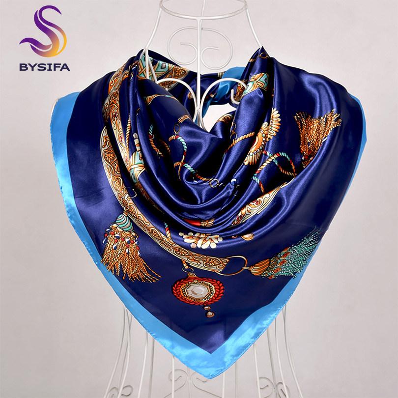 [BYSIFA] Women Scarf New Black Beige Silk Square Scarf Shawl Ladies Dot Prin Winter Scarves Bandana Spring Fall Head Scarfs Blue