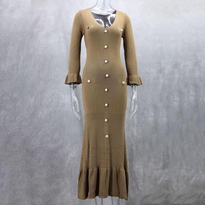 Bodycon Dress Elegant V Neck Knitted Maxi Dress with Button Decor Fishtail Hem Women's Slim Fit Patchwork Fall Dress for Spring