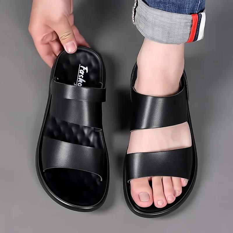 Novos sapatos da moda para homens, sandálias de couro genuíno de verão, sapatos casuais de couro da moda, sapatos de praia legais de rua