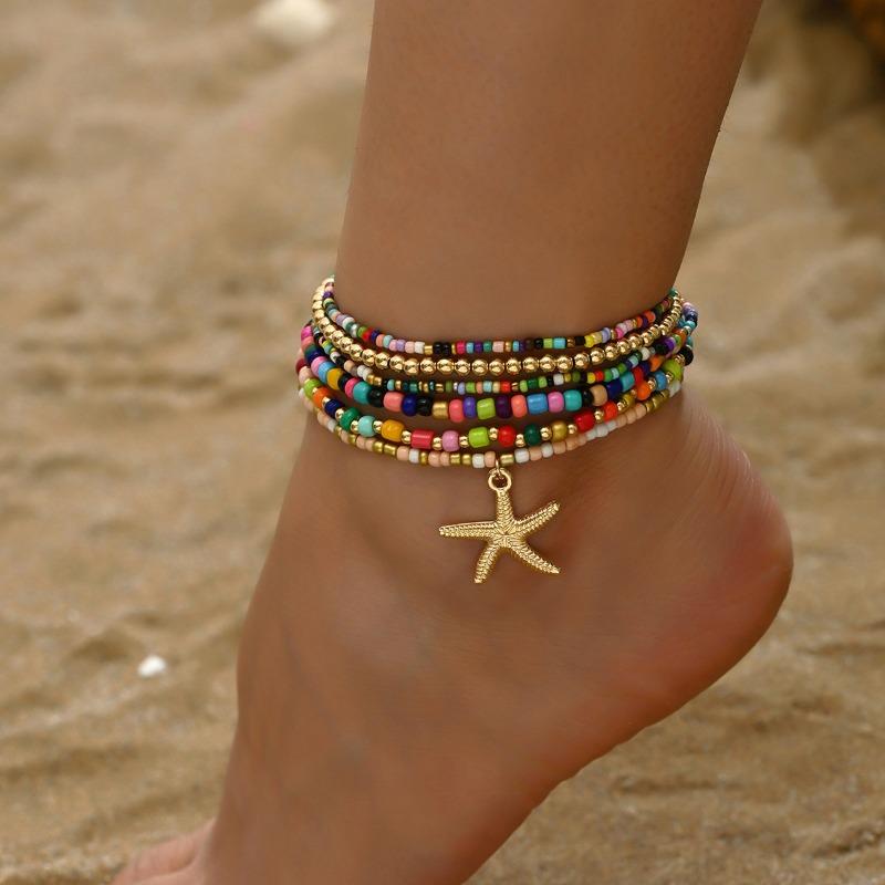 Summer Fashion Multilayer Rice Beads Starfish Pendant Anklet for Women Female Boho Colorful Zircon Beach Foot Ankle Chain Gifts
