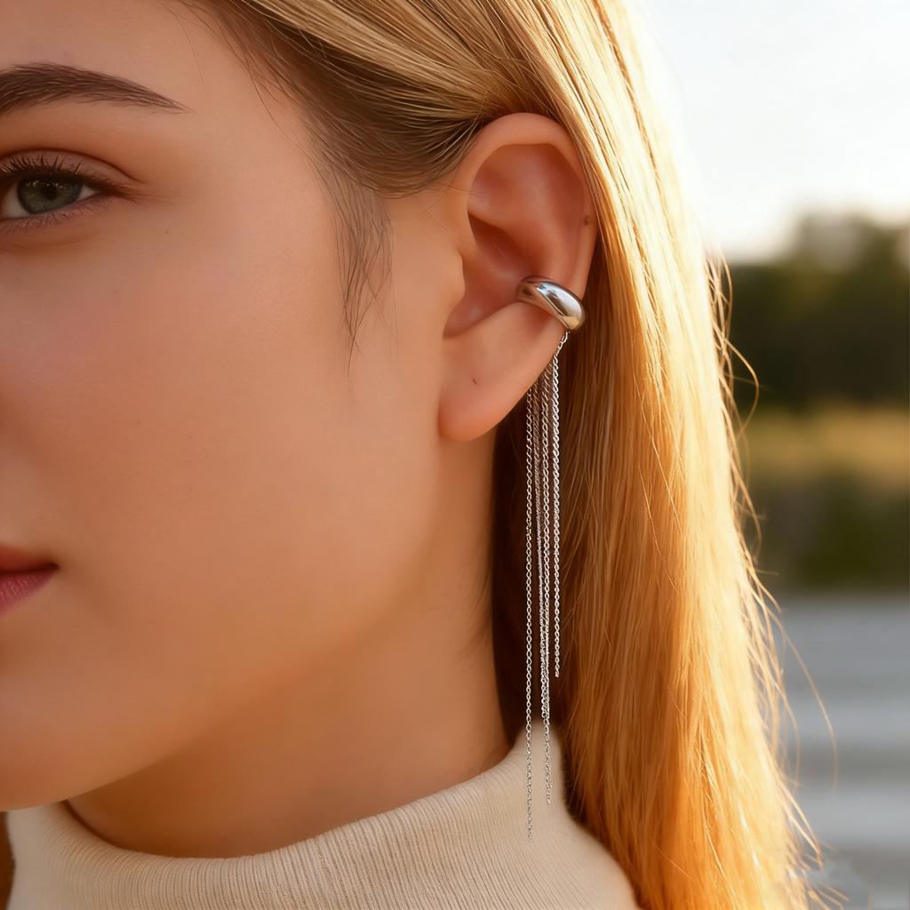 Fashion Long Tassel C-shaped Fake Piercing Ear Clip for Women Gold Plated Stainless Steel Ear Bone Clip On Earrings Ear Cuff